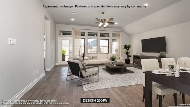 living room featuring lofted ceiling, hardwood / wood-style floors, and ceiling fan