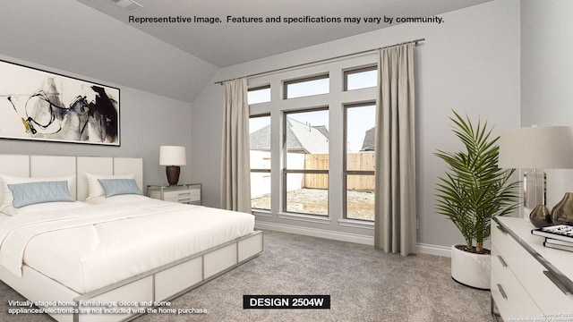 bedroom featuring lofted ceiling and light carpet