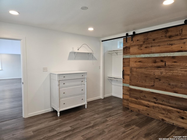 walk in closet featuring dark wood-type flooring and a barn door