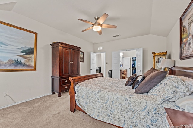 carpeted bedroom with lofted ceiling and ceiling fan