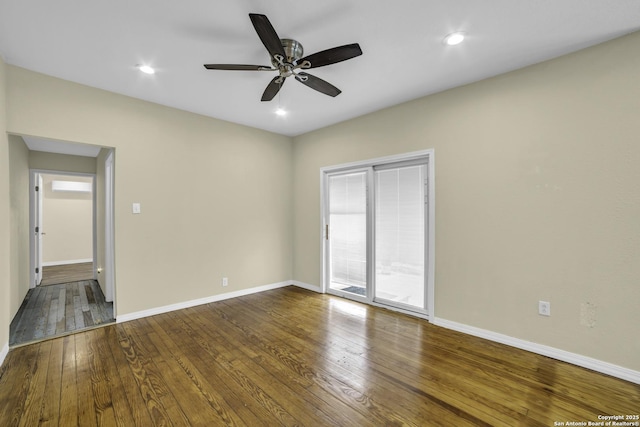 unfurnished bedroom featuring hardwood / wood-style flooring, access to exterior, and ceiling fan