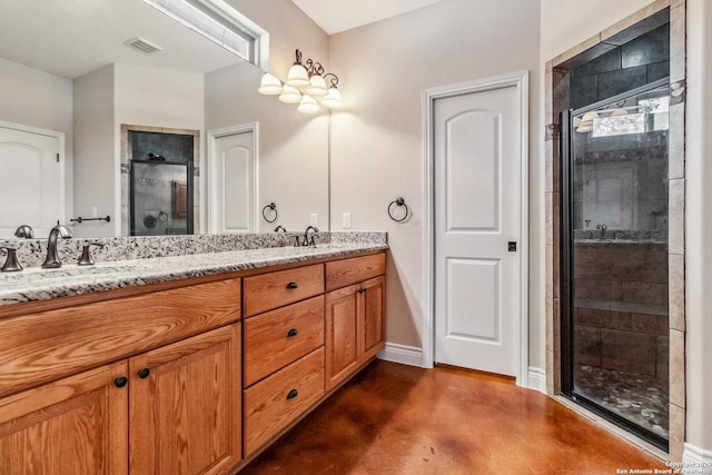 bathroom featuring vanity, concrete flooring, and walk in shower