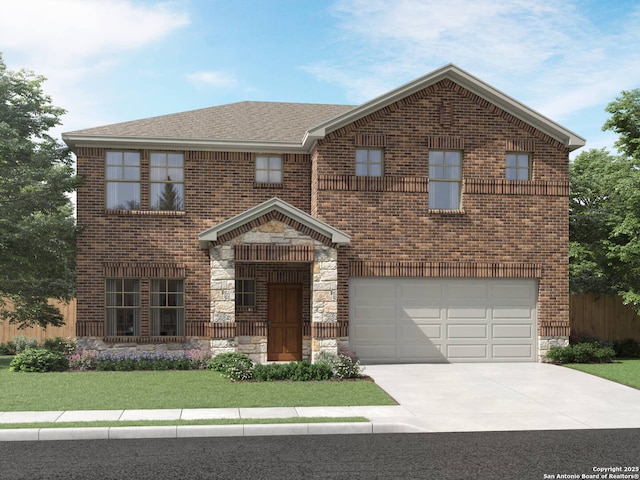 view of front of house featuring roof with shingles, concrete driveway, a garage, stone siding, and brick siding