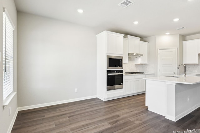 kitchen featuring under cabinet range hood, visible vents, appliances with stainless steel finishes, and a sink