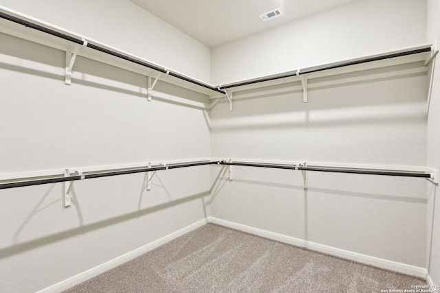 spacious closet with light colored carpet and visible vents