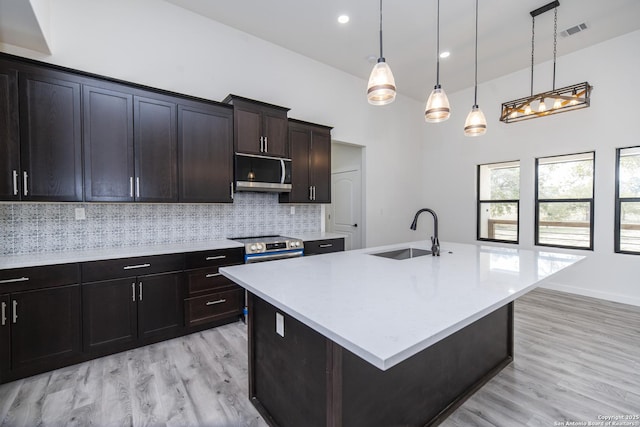 kitchen with stainless steel appliances, hanging light fixtures, sink, and a center island with sink