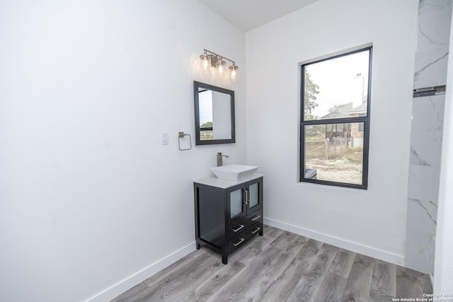 bathroom featuring hardwood / wood-style flooring and vanity