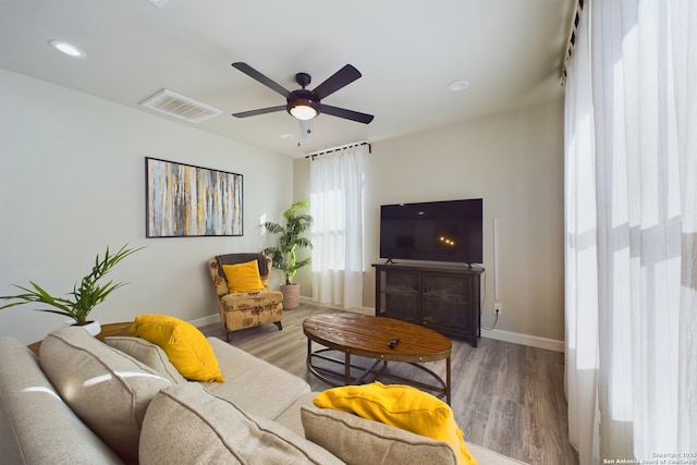 living room with ceiling fan and wood-type flooring