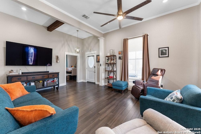 living room with beam ceiling, dark wood-type flooring, decorative columns, and ceiling fan