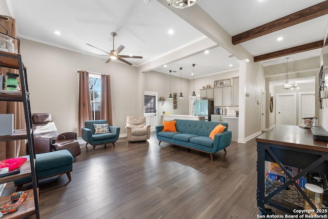 living room with beamed ceiling, ceiling fan, decorative columns, and dark hardwood / wood-style flooring