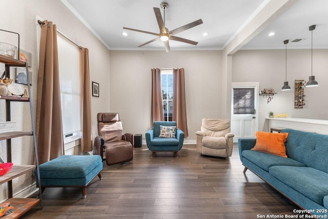 living room featuring dark wood-type flooring, ceiling fan, and ornamental molding