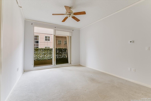 carpeted spare room featuring ceiling fan, ornamental molding, and a textured ceiling