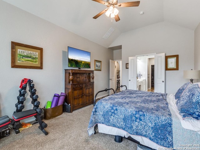 carpeted bedroom with lofted ceiling and ceiling fan