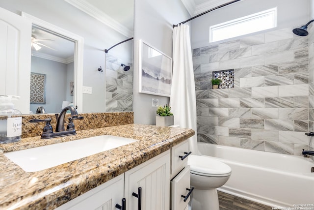 full bathroom featuring shower / tub combo with curtain, toilet, crown molding, vanity, and hardwood / wood-style floors