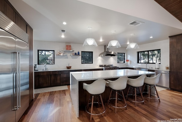 kitchen with light hardwood / wood-style flooring, appliances with stainless steel finishes, a center island, dark brown cabinetry, and wall chimney exhaust hood