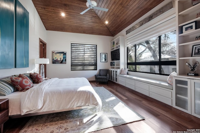 bedroom featuring lofted ceiling, wooden ceiling, dark hardwood / wood-style floors, and ceiling fan