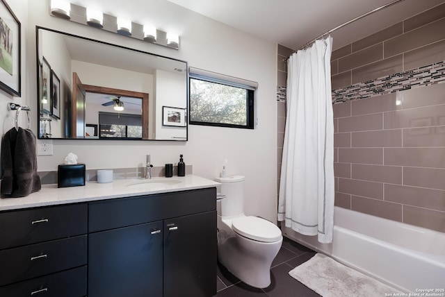 full bathroom with vanity, ceiling fan, toilet, shower / bathtub combination with curtain, and tile patterned floors