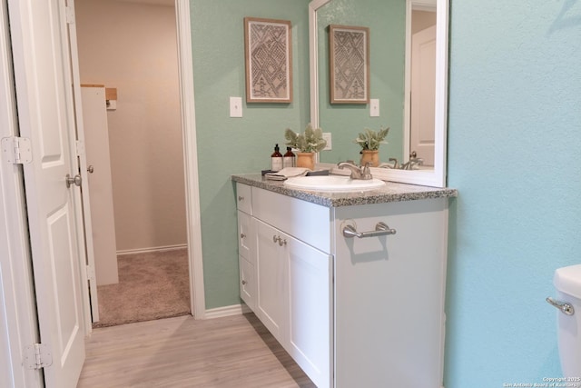 bathroom featuring vanity, toilet, and hardwood / wood-style floors