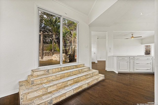 interior space with crown molding, hardwood / wood-style flooring, and ceiling fan