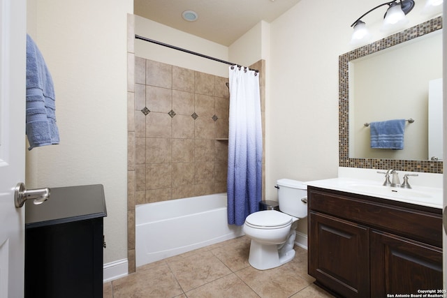 full bathroom featuring shower / tub combo, tile patterned flooring, vanity, tasteful backsplash, and toilet