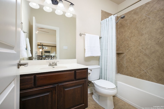 full bathroom with shower / bath combination with curtain, tile patterned floors, toilet, and vanity