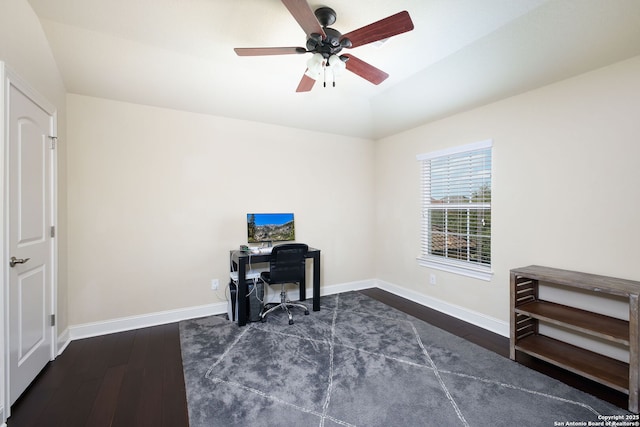 office with lofted ceiling, dark wood-type flooring, and ceiling fan