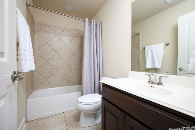 full bathroom with shower / bathtub combination with curtain, vanity, tile patterned flooring, and toilet