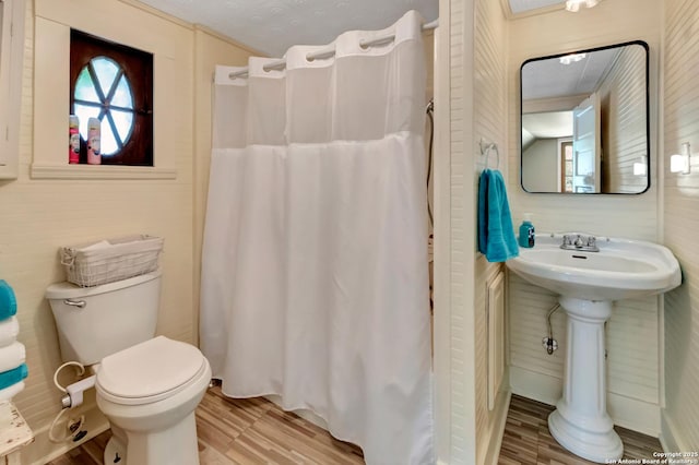 bathroom featuring wood-type flooring, toilet, and curtained shower