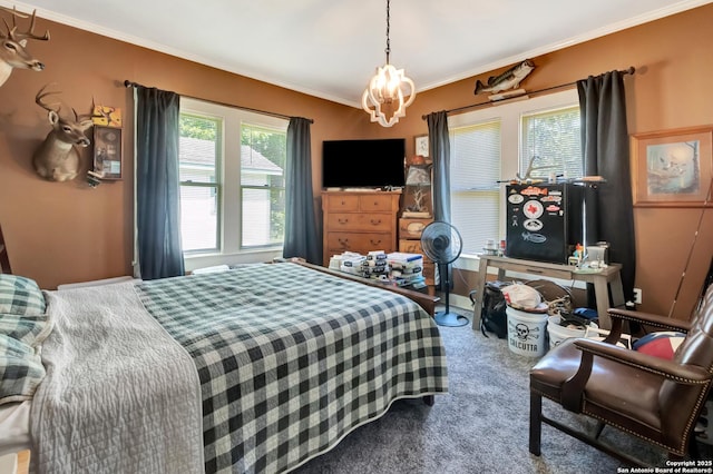 bedroom featuring crown molding, carpet, and an inviting chandelier