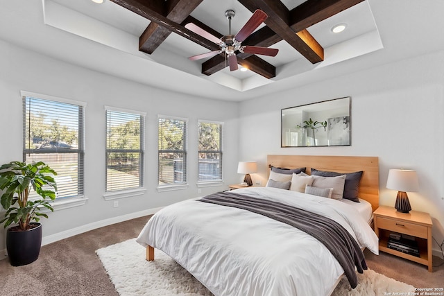 bedroom with ceiling fan, coffered ceiling, beam ceiling, and carpet