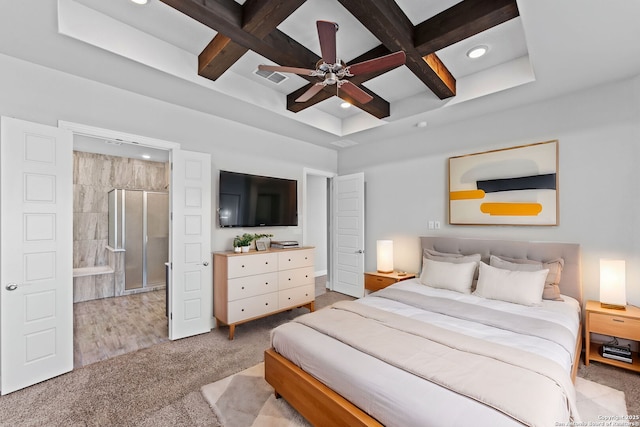 carpeted bedroom with coffered ceiling, ceiling fan, and beamed ceiling