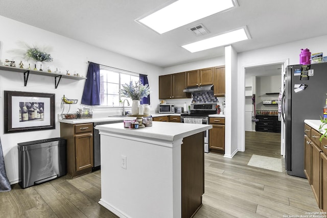 kitchen with sink, backsplash, stainless steel appliances, light hardwood / wood-style floors, and a kitchen island