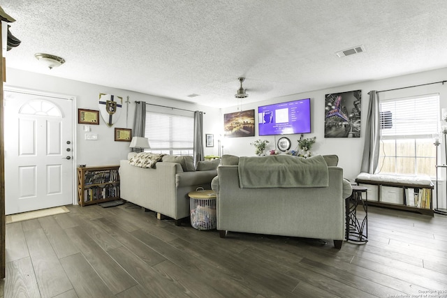 living room with a textured ceiling and dark hardwood / wood-style flooring