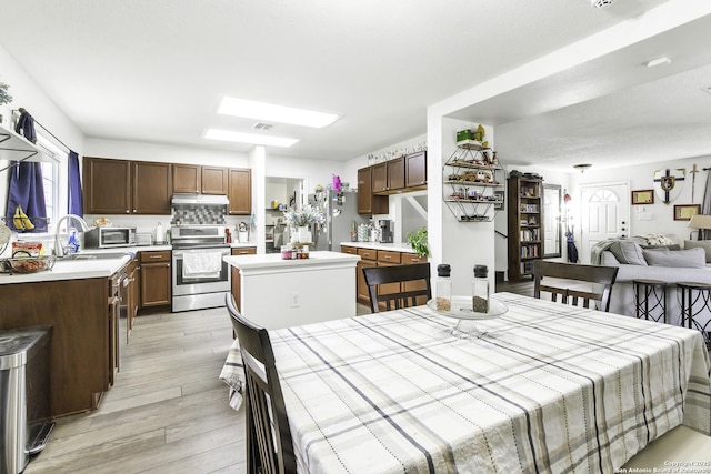 kitchen with sink, tasteful backsplash, a skylight, light wood-type flooring, and appliances with stainless steel finishes