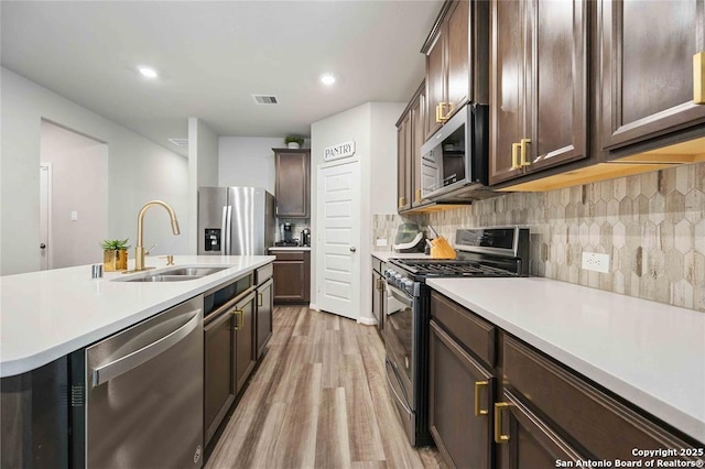 kitchen with sink, light hardwood / wood-style flooring, appliances with stainless steel finishes, backsplash, and dark brown cabinets