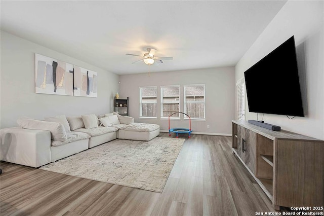 living room featuring ceiling fan and wood-type flooring