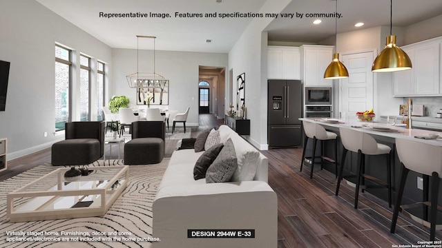 living room featuring dark wood-type flooring