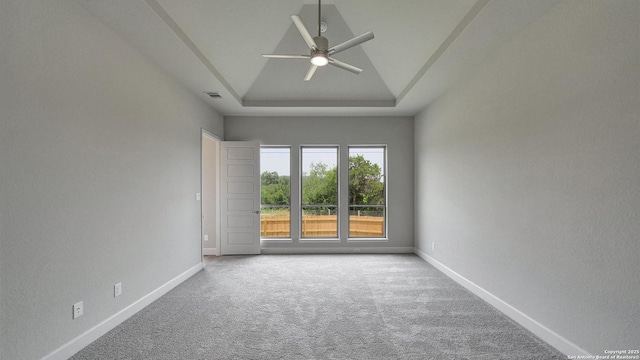 109 Barton Crk, Boerne, TX 78006 - carpeted spare room with ceiling fan, baseboards, and a tray ceiling