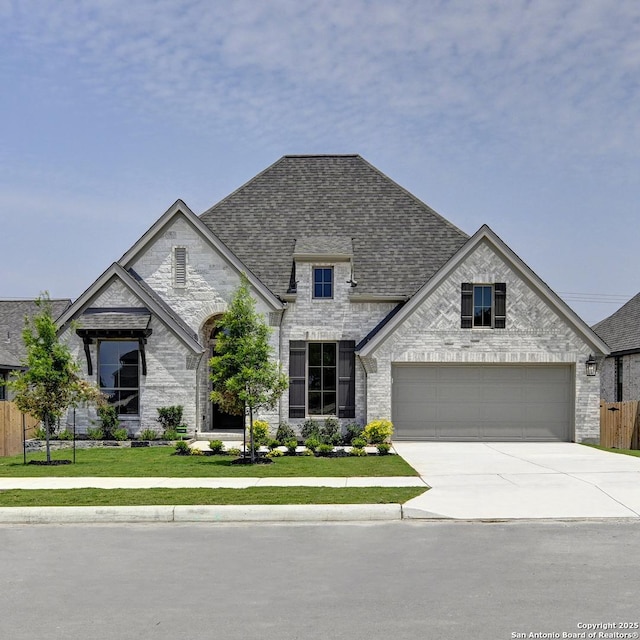 109 Barton Crk, Boerne, TX 78006 - french country inspired facade with concrete driveway, roof with shingles, a garage, and brick siding