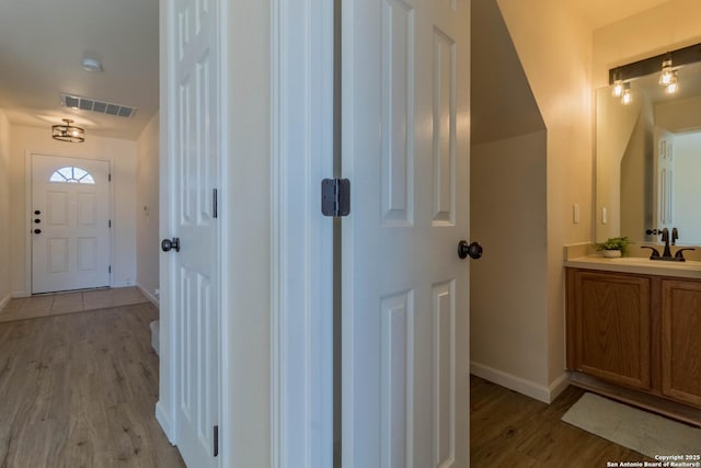 bathroom with wood-type flooring and vanity