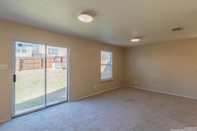 carpeted spare room with a textured ceiling