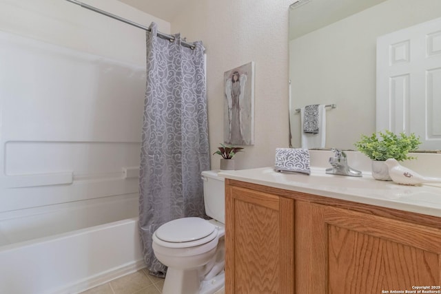 full bathroom with tile patterned flooring, vanity, shower / bathtub combination with curtain, and toilet