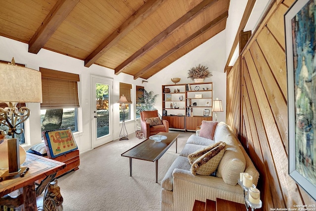 carpeted living room featuring high vaulted ceiling, wooden ceiling, and beam ceiling