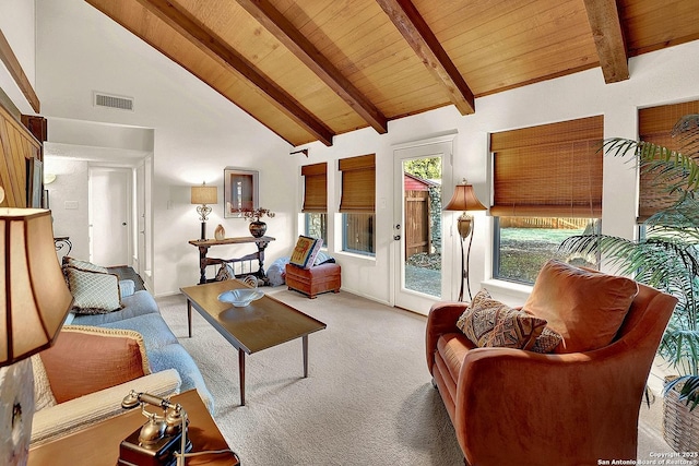 living room with beamed ceiling, carpet flooring, high vaulted ceiling, and wooden ceiling