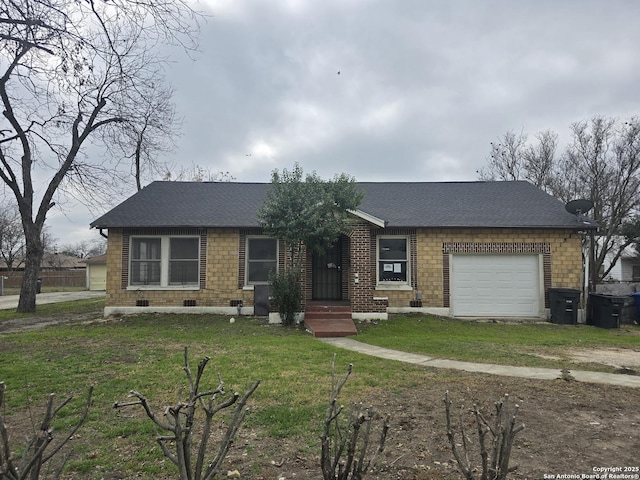 ranch-style home featuring a garage and a front yard