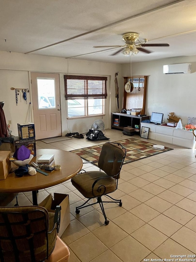 tiled office with ceiling fan and a wall mounted AC