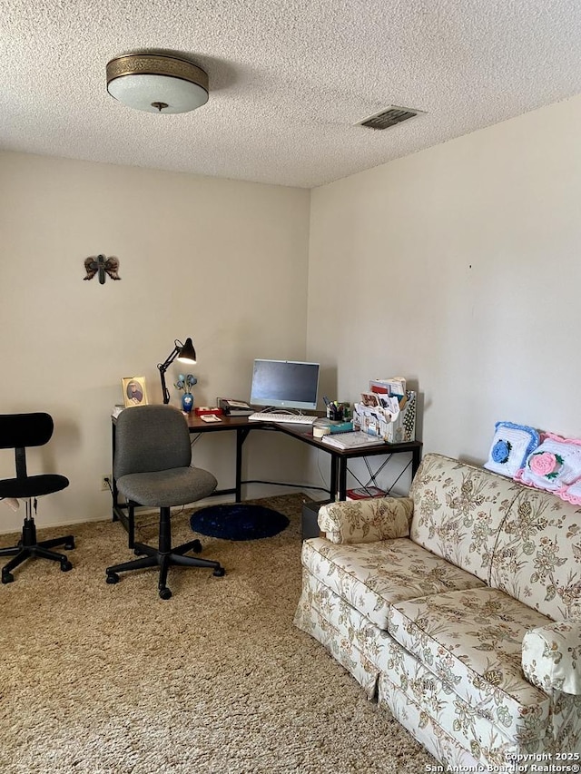 carpeted office space featuring a textured ceiling