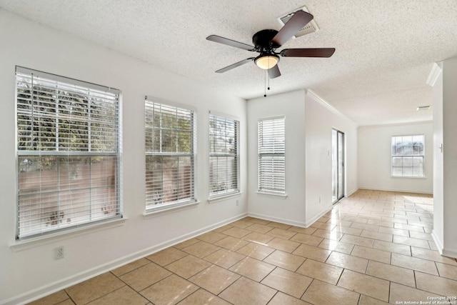 unfurnished room with light tile patterned flooring, a textured ceiling, and ceiling fan