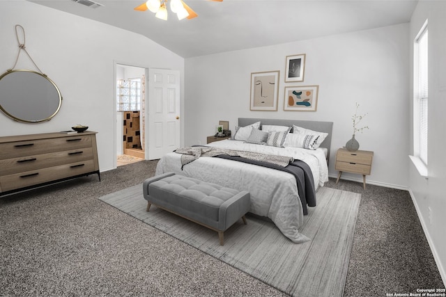 carpeted bedroom with lofted ceiling and ceiling fan