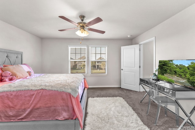 bedroom featuring ceiling fan and dark colored carpet